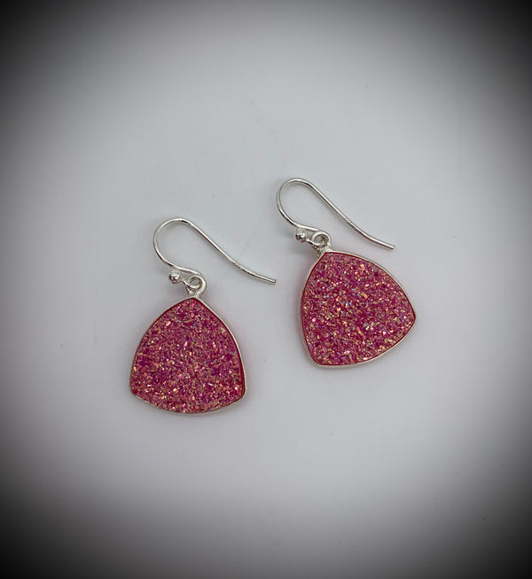Large Triangle Sparkly Pink Druzy Earrings - Jewelry Edgecomb Potters