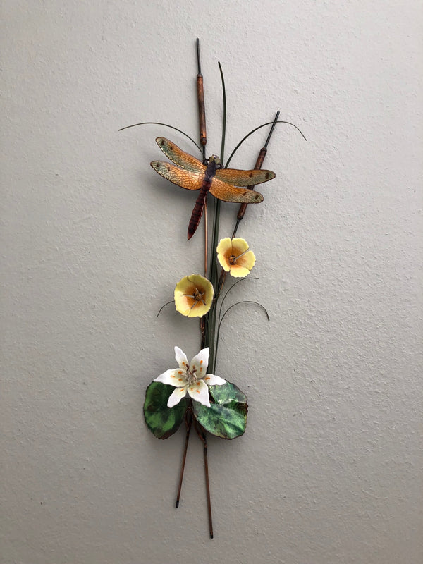 Peach Dragonfly w/Lily, Mallows and Cattails - Metal Edgecomb Potters