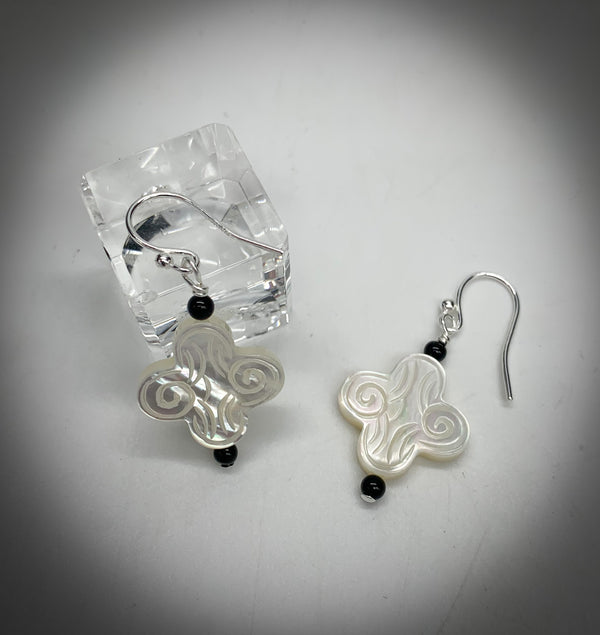 Carved MOP Cross w/Black Onyx Earrings