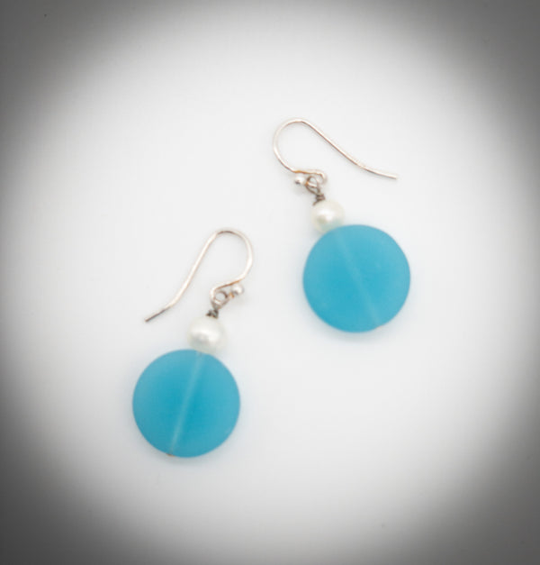 Round Aqua Glass and Pearl Earrings - Jewelry Edgecomb Potters