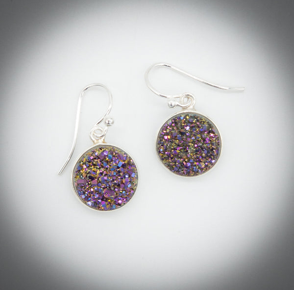 Purple Sparkly Round Druzy Earrings
