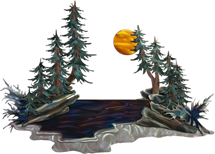 A waterfront scene with fir trees lining a rocky coast with the moon in the background. Scenic wall art fabricated from steel.