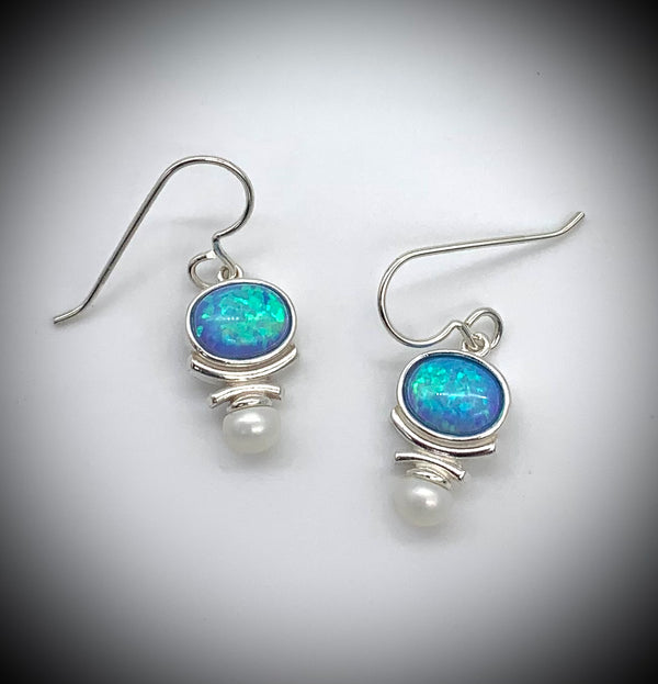 Created Blue Opal and Cultured Pearl Earrings in Sterling