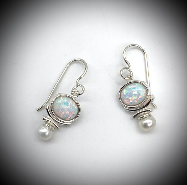 Created White Opal and Cultured Pearl Earrings in Sterling