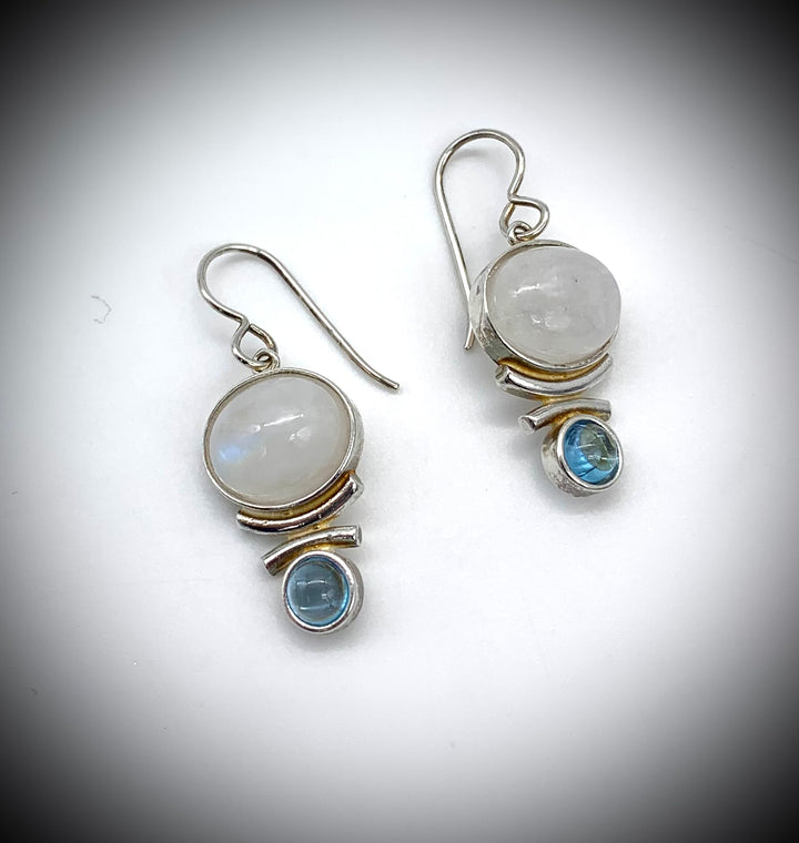 Rainbow Moonstone and Blue Topaz Earrings - Jewelry Edgecomb Potters