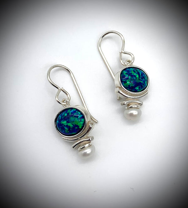 Created Black Opal and Cultured Pearl Earrings in Sterling