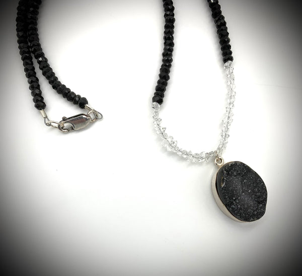 Black Spinel, Herkimer Diamonds, Lg Black Druzy Pendant