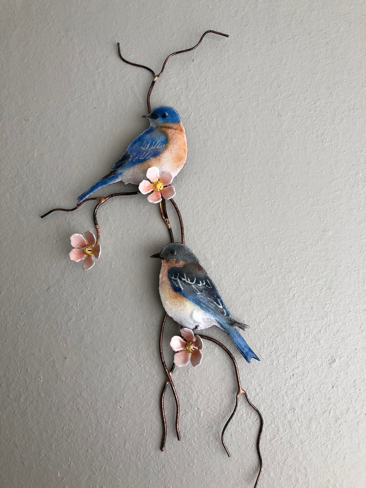 Two Bluebirds on Branch w/Peach Flowers - Metal Edgecomb Potters