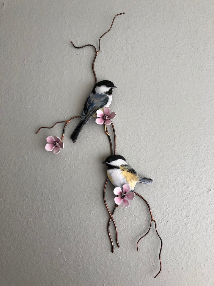 Chickadees on Branch w/ Pink Flowers - Metal Edgecomb Potters