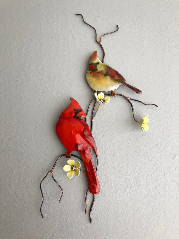 Cardinal Pair on Branch with Yellow Flowers - Metal Edgecomb Potters