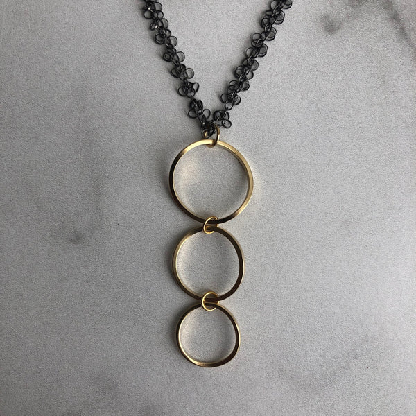 Gold Plated 3-Ring Necklace on Black Steel Chain